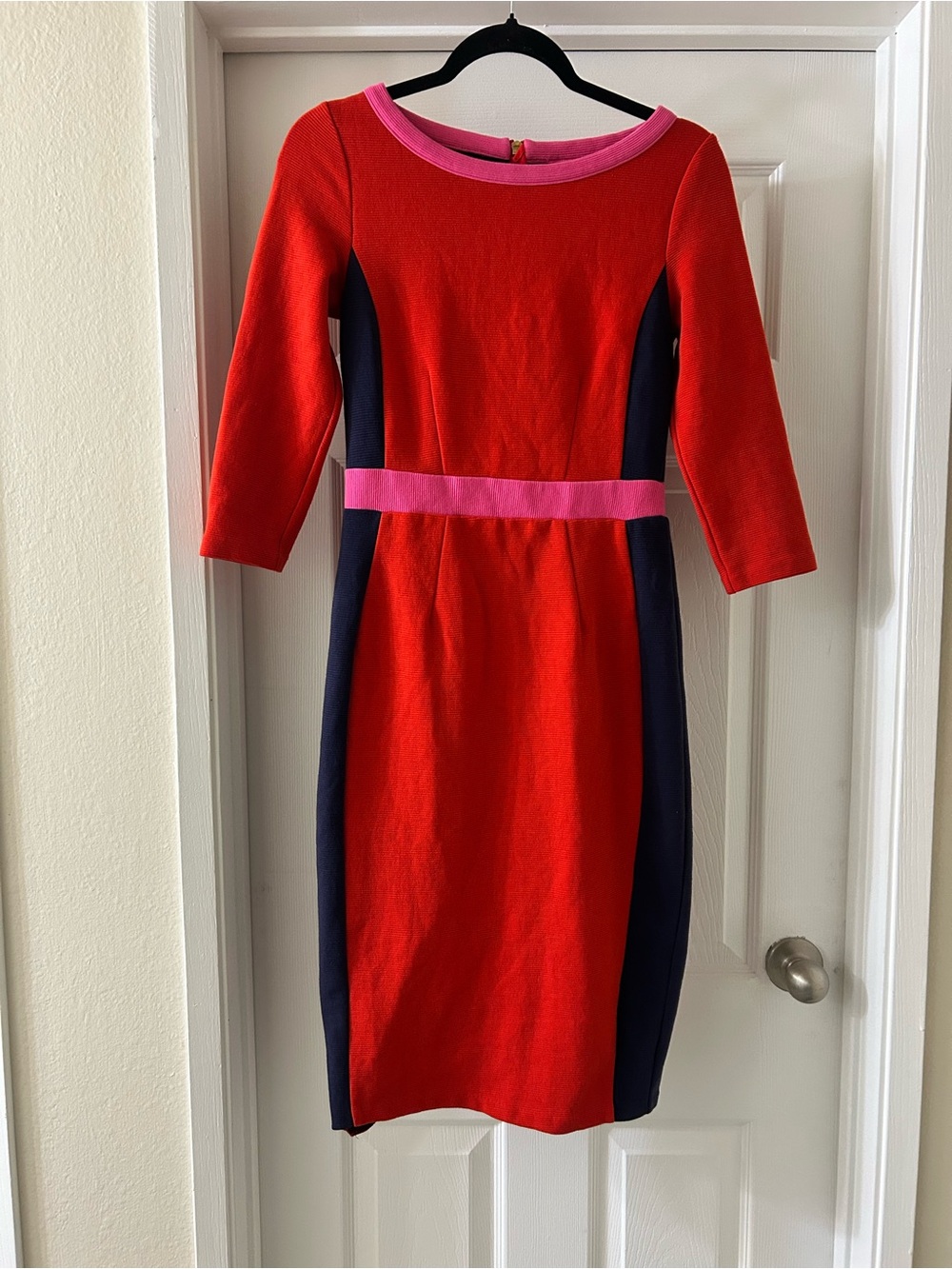 Boden Red Sheath Dress with Navy Panels and Pink Trim